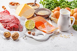 Balanced diet food background. Protein foods: fish, meat, cheese