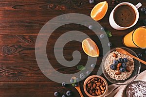 Balanced healthy breakfast flat lay composition with oatmeal