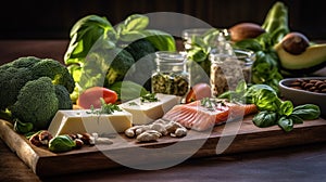 Balanced nutrition concept for clean eating flexitarian mediterranean diet, keto, ketogenic on a wooden kitchen table