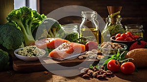 Balanced nutrition concept for clean eating flexitarian mediterranean diet, keto, ketogenic on a wooden kitchen table