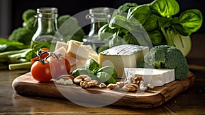 Balanced nutrition concept for clean eating flexitarian mediterranean diet, keto, ketogenic on a wooden kitchen table