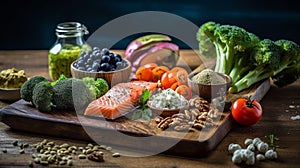 Balanced nutrition concept for clean eating flexitarian mediterranean diet, keto, ketogenic on a wooden kitchen table