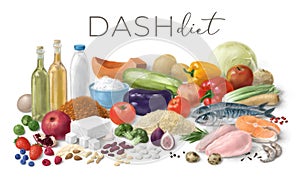 Balanced nutrition concept for DASH clean eating. Assortment of healthy food ingredients for cooking. Hand drawn