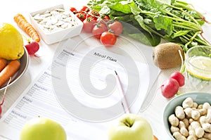 Balanced nutrition and meal planning concept. Fresh fruits and vegetables,seeds and nuts for healthy lifestyle