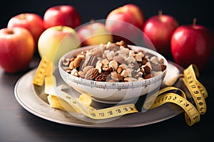Balanced nutrition Plate of apples, nuts, measuring tape conveys healthy eating and fitness