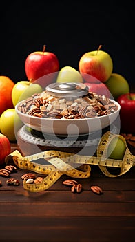 Balanced nutrition Plate of apples, nuts, measuring tape conveys healthy eating and fitness