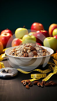 Balanced nutrition Plate of apples, nuts, measuring tape conveys healthy eating and fitness