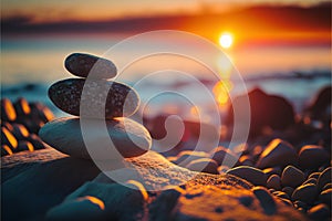Balanced pebbles on the beach at sunset. Zen concept