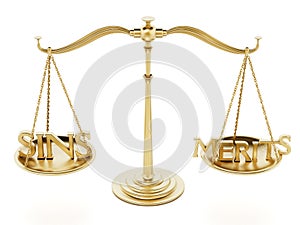 Balanced scale with sins and merits on two sides. 3D illustration