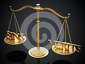 Balanced scale with sins and merits on two sides. 3D illustration