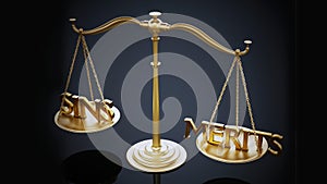 Balanced scale with sins and merits on two sides. 3D illustration photo