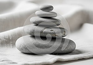 A balanced stack of five smooth, gray pebbles, each smaller than the