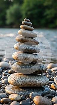 A balanced stack of smooth, flat stones of varying sizes and shades from light to dark