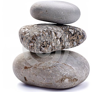 Balanced Stack of Smooth Stones in Neutral Tones on White Background for Zen and Wellness Concepts