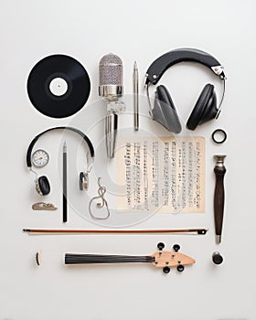 Top view arrangement of assorted music objects with percussion and cables on white, calm ordered com