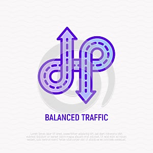 Balanced traffic, roads with arrows thin line icon. Element of smart city. Modern vector illustration, logo for road construction