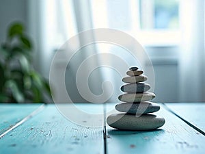 Balanced Zen Stones Stack on Turquoise Table