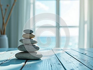 Balanced Zen Stones Stack on Turquoise Table