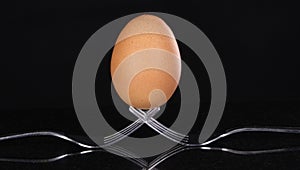 A balancing act. Egg balancing on two forks with black background