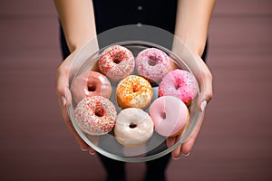 Balancing act Scales, donuts in womans hands, top view with copy space