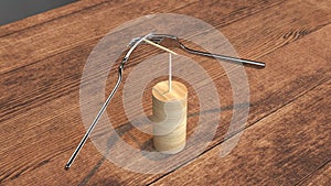 Balancing forks experiment on wooden table. 3D Rendering.