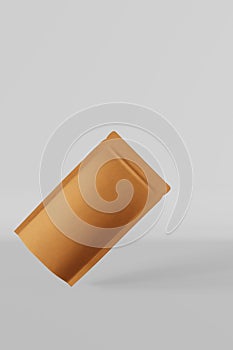 Balancing paper pouch bag mockup white background 3D render. Merchandise packaging design. Blank brown kraft pack coffee