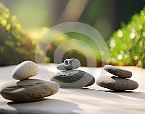 Balancing pebble stones background. Calm mediation and relaxation in Zen garden. Generative Ai
