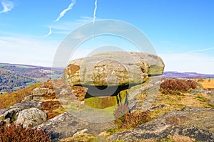 Balancing rock on Curbar Edge in the Derbyshire Peak District