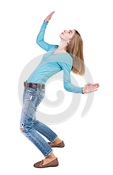 Balancing young woman. or dodge falling woman