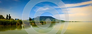 Balaton lake and a hill in the background