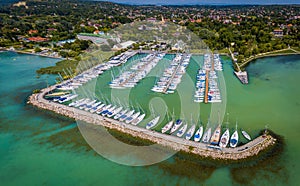 Balatonkenese, Hungary - Aerial panoramic view of Kenese Marina Port with lots of yachts and sailboats