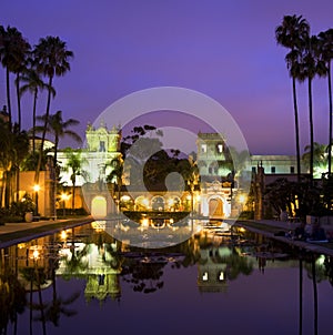 Balboa Park buldings at duskt, reflections, San Diego