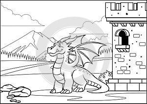 Balck and white coloring page dragon in the castle with cartoon style photo