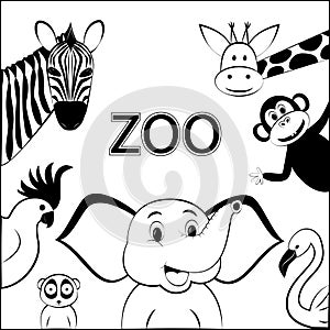 Balck and white poster for zoo, different cartoon wild happy animals are located around the space for text, isolated on white