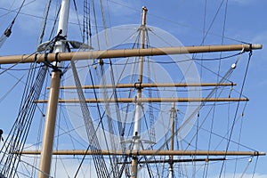 Balclutha square rigged ship  anchored at Hyde Street pier