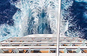 Balconies on a Cruise ship, decks with wake or trail