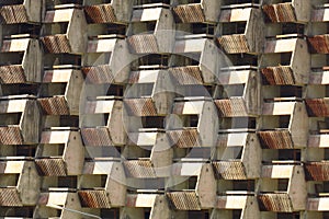 Balconies. Geometry. Wooden balconies of unfinished building