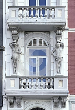 Balconies of an historic building in the old city center of Santa Cruz. La Palma Island