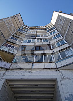 Balconies prefabricated Soviet buildings on sky background