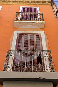 Balconies, streets of the city Toledo, medieval architecture and