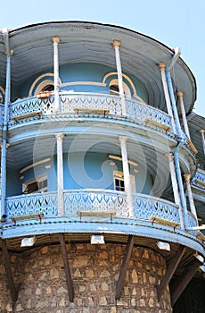 Balconies of Tbilisi under bright sunshine