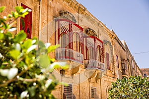 Balconies with worked structure in the center of Mdina (Malta