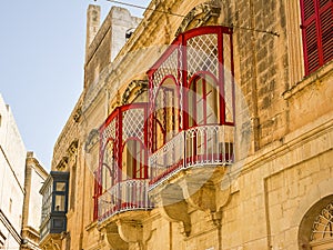 Balconies with worked structure in the center of Mdina (Malta