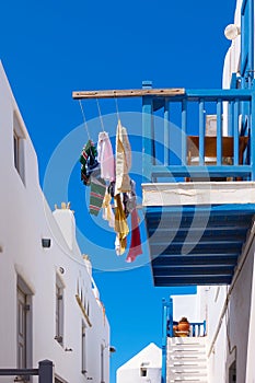 Balcony with airing clothes in Mykonos