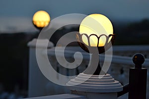 Balcony background with lanterns over sea landscape