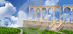 Balcony with balustrade and portico passage, columns, arches on