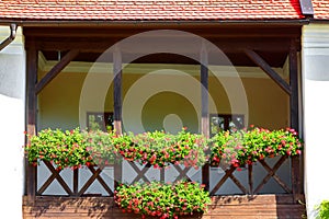Balkon s jasnými květinami ve středověkém hradu Červený Kameň nedaleko obce Častá, Slovensko