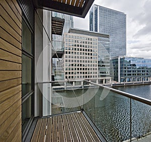 Balcony with city and dock view