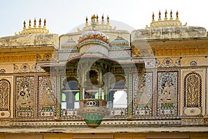 Balcony of City Palace Udaipur, the late 19th century glass inlay work in the Mor Chowk