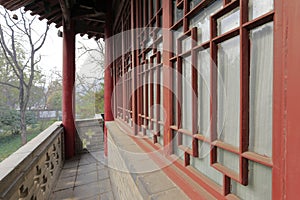 Balcony corridor of the baiyige pavilion in the famous jianfusi temple in winter, adobe rgb